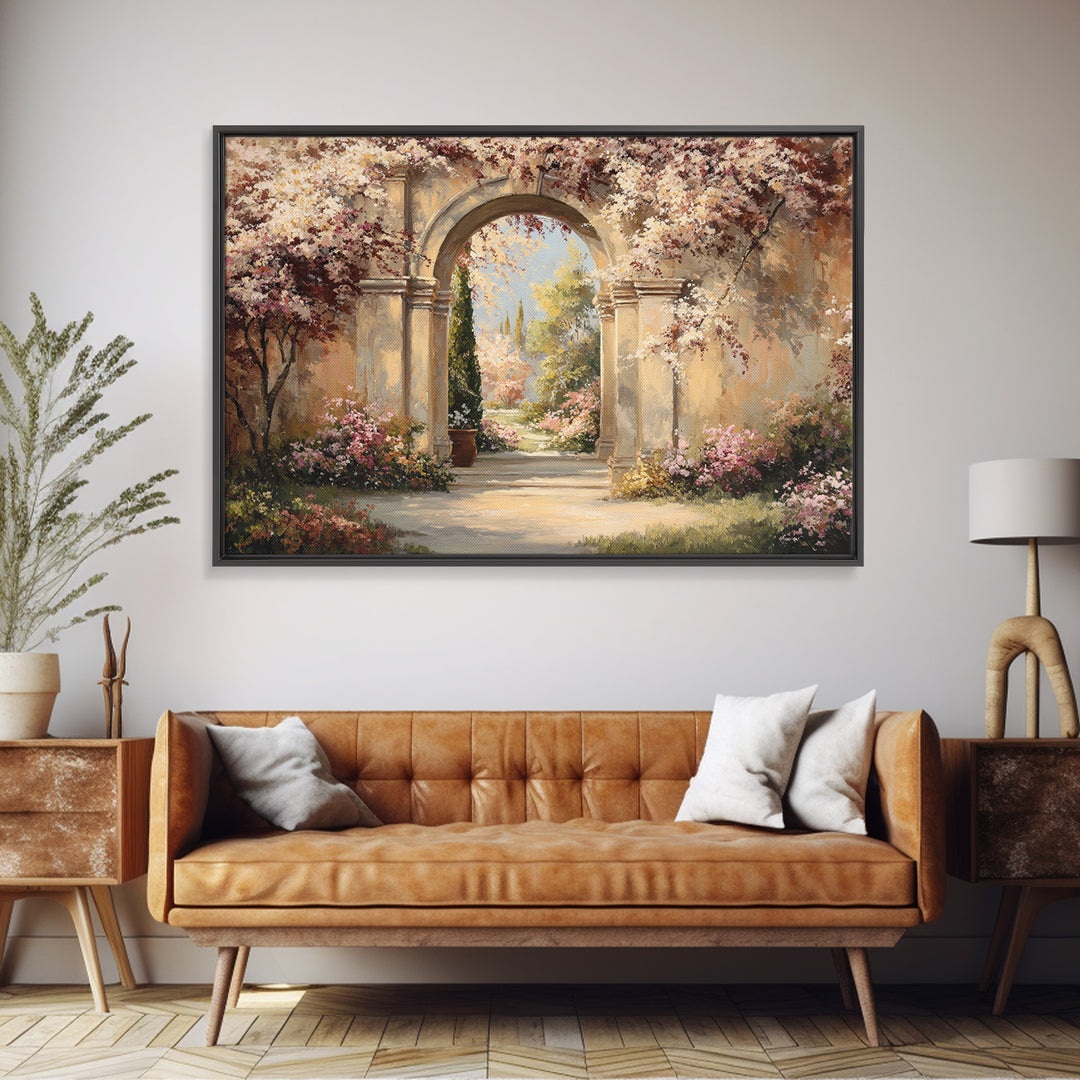 Romantic Garden Arch Covered Framed Canvas Print, Wedding Art, Wedding, Living Room Decor, Oil Painting, Romance, WED-3x2-14