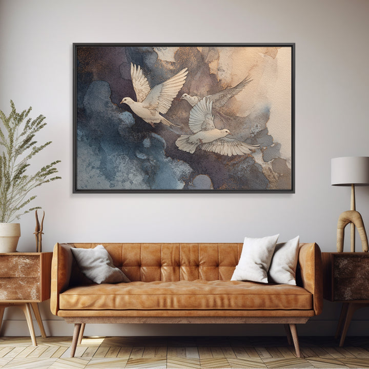 Doves Flying Through Soft Golden Light Framed Canvas Print, Wedding Art, Minimalist Decor, Living Room Decor, Fine Art, Romance, WED-3x2-15