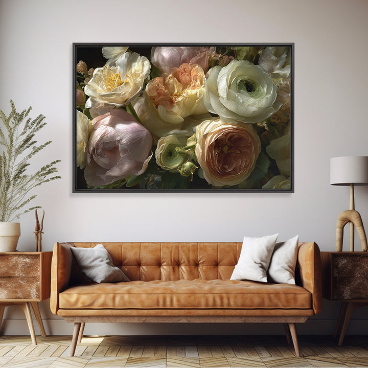 Peony and Ranunculus Bouquet Framed Canvas Print, Wedding Art, Wedding Guest Book, Living Room Decor, Fine Art, Romance, WED-3x2-24