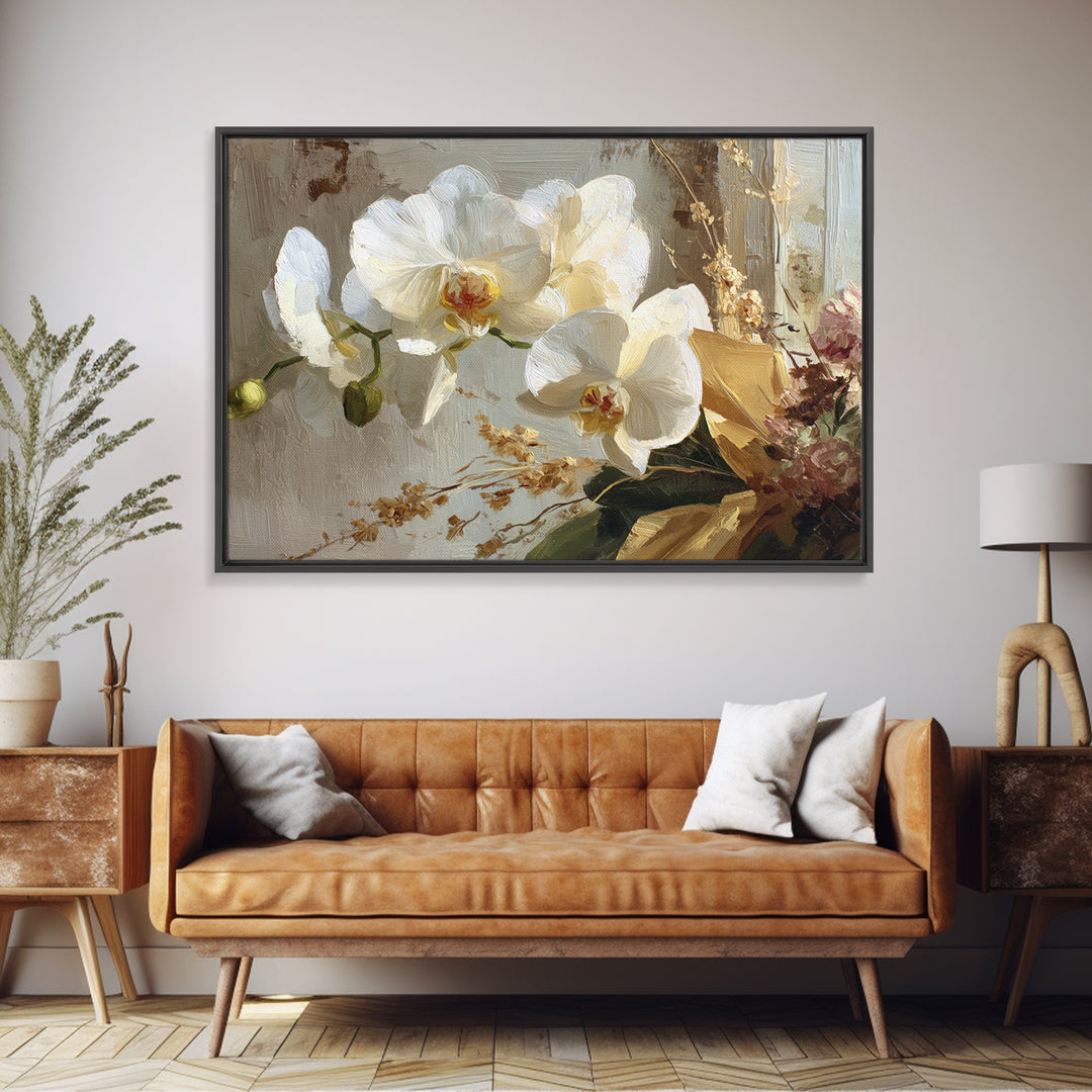 White Orchid and Gold Ribbon Composition Framed Canvas Print, Wedding Art, Wedding, Living Room Decor, Fine Art, Romance, WED-3x2-28