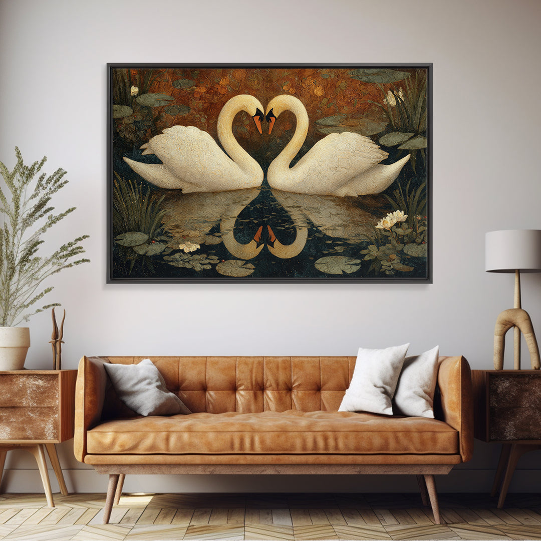 Two Swans Forming a Heart on Dark Canvas Print, Wedding Art, Custom Painting, Living Room Decor, Romance, Wedding Reception, WED-3x2-30