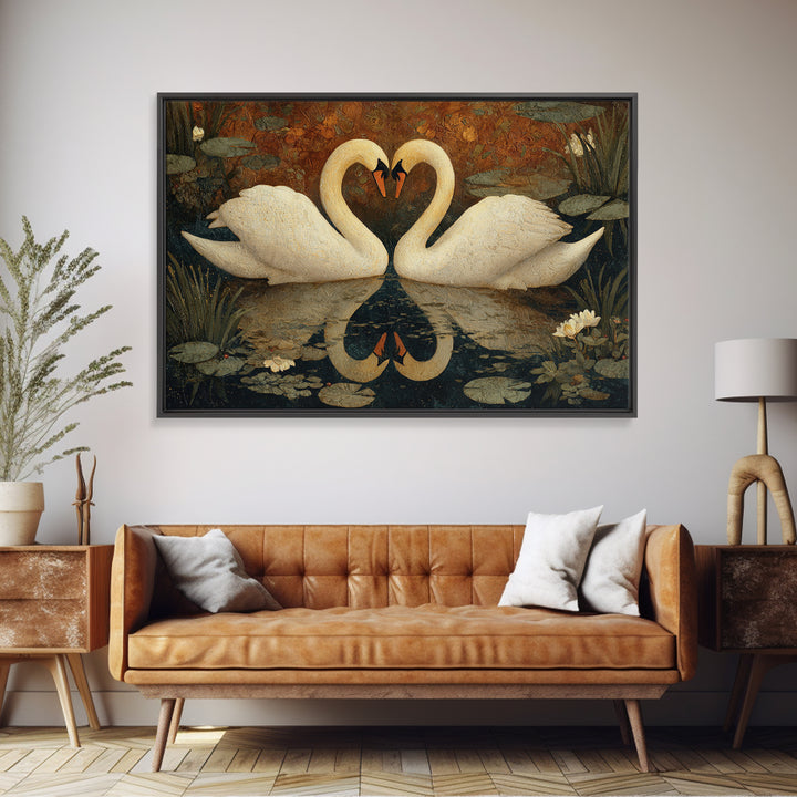 Two Swans Forming a Heart on Dark Canvas Print, Wedding Art, Custom Painting, Living Room Decor, Romance, Wedding Reception, WED-3x2-30