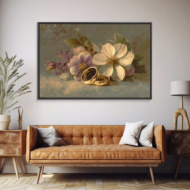 Gold Rings Resting on Velvet and Flowers Framed Canvas Print, Wedding Art, Wedding Guestbook, Living Room Decor, Romance, WED-3x2-31