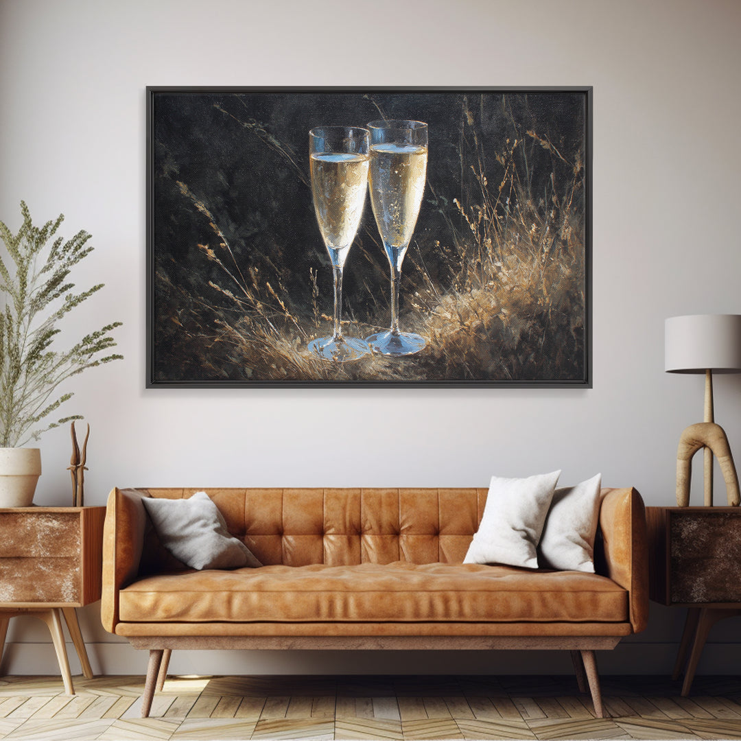 Champagne Glasses with Delicate Sparkle Canvas Print, Wedding Art, Custom Art, Living Room Decor, Watercolor Art, Romance, WED-3x2-34