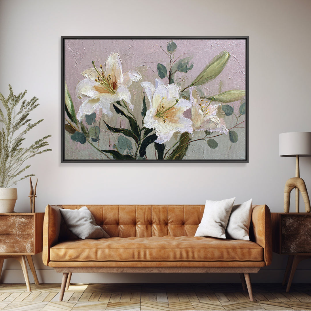 White Lilies and Eucalyptus Arrangement Canvas Print, Wedding Art, Wedding Guestbook, Living Room Decor, Oil Painting, Romance, WED-3x2-37