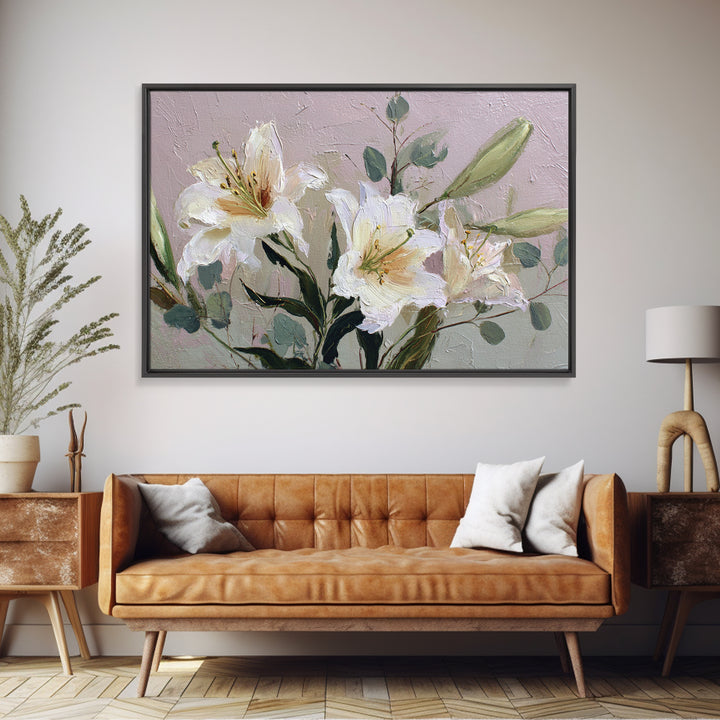 White Lilies and Eucalyptus Arrangement Canvas Print, Wedding Art, Wedding Guestbook, Living Room Decor, Oil Painting, Romance, WED-3x2-37