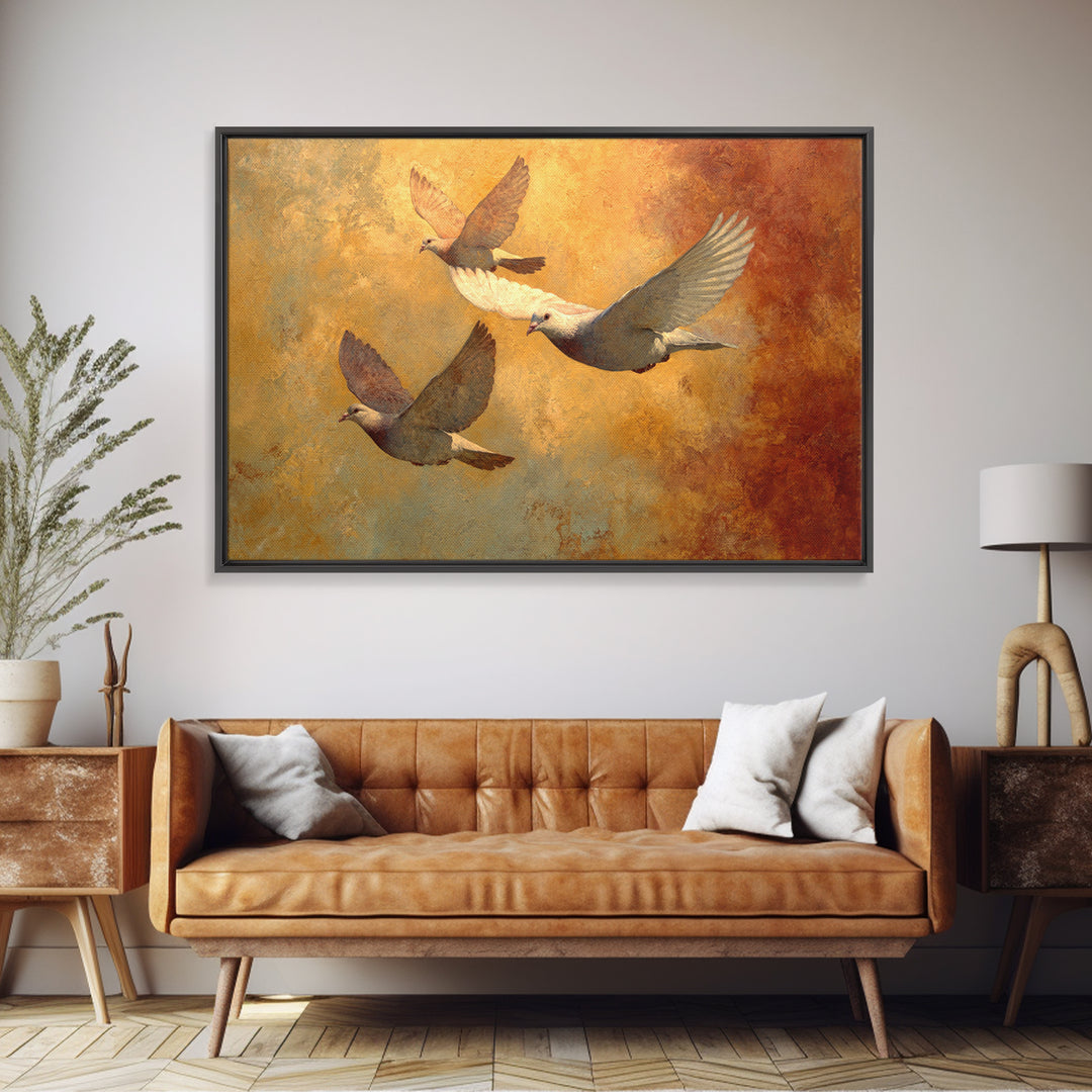 Doves Flying Through Soft Golden Light Framed Canvas Print, Wedding Art, Bride and Groom, Living Room Decor, Fine Art, Romance, WED-3x2-39