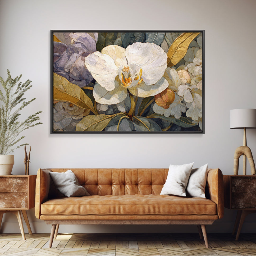 White Orchid and Gold Ribbon Composition Canvas Print, Wedding Art, Wedding Sign, Living Room Decor, Abstract Art, Romance, WED-3x2-52