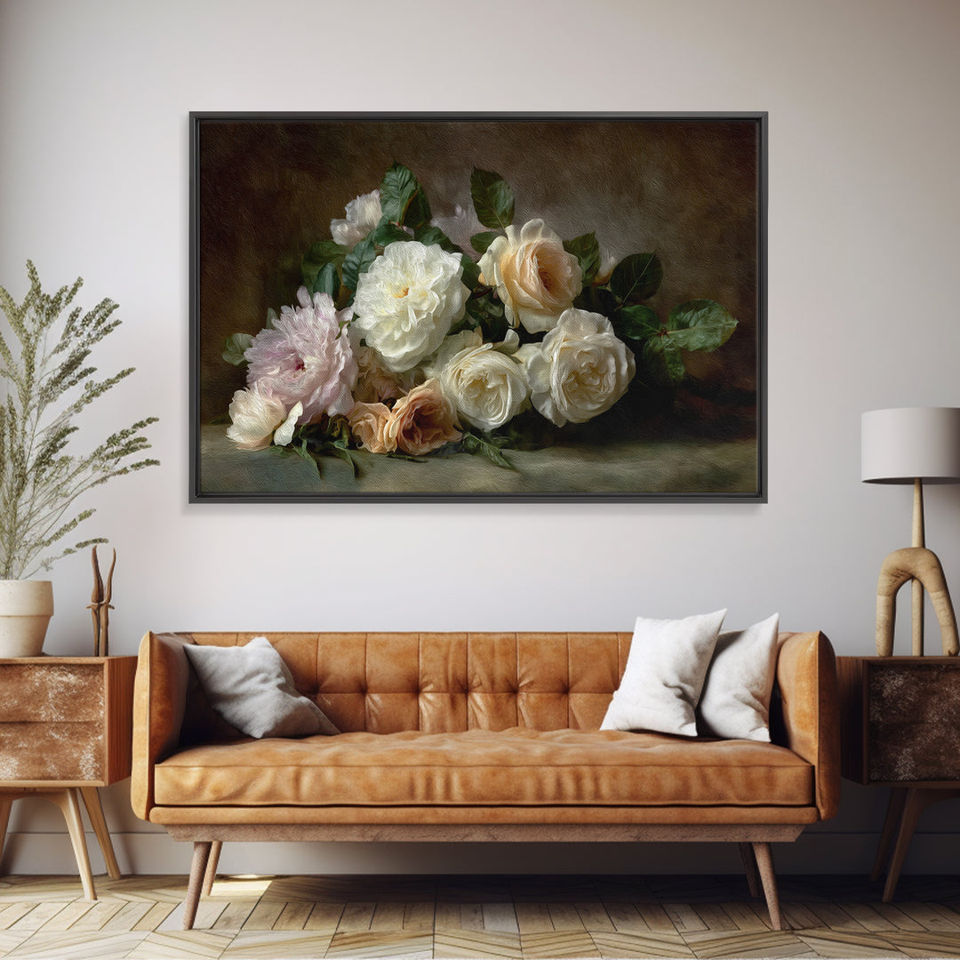 Romantic Bouquet of White Roses and Peonies Canvas Print, Wedding Art, Downloadable Art, Living Room Decor, Fine Art, Romance, WED-3x2-53