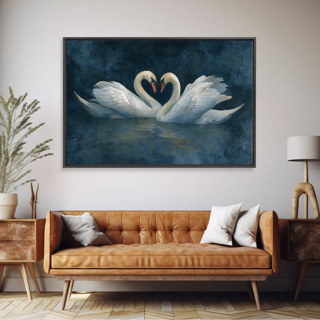 Two Swans Forming a Heart on Dark Framed Canvas Print, Wedding Art, Art Print, Living Room Decor, Romance, Downloadable Art, WED-3x2-6