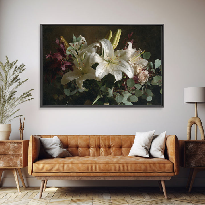 White Lilies and Eucalyptus Arrangement Canvas Print, Wedding Art, Wedding Guestbook, Living Room Decor, Oil Painting, Romance, WED-3x2-61