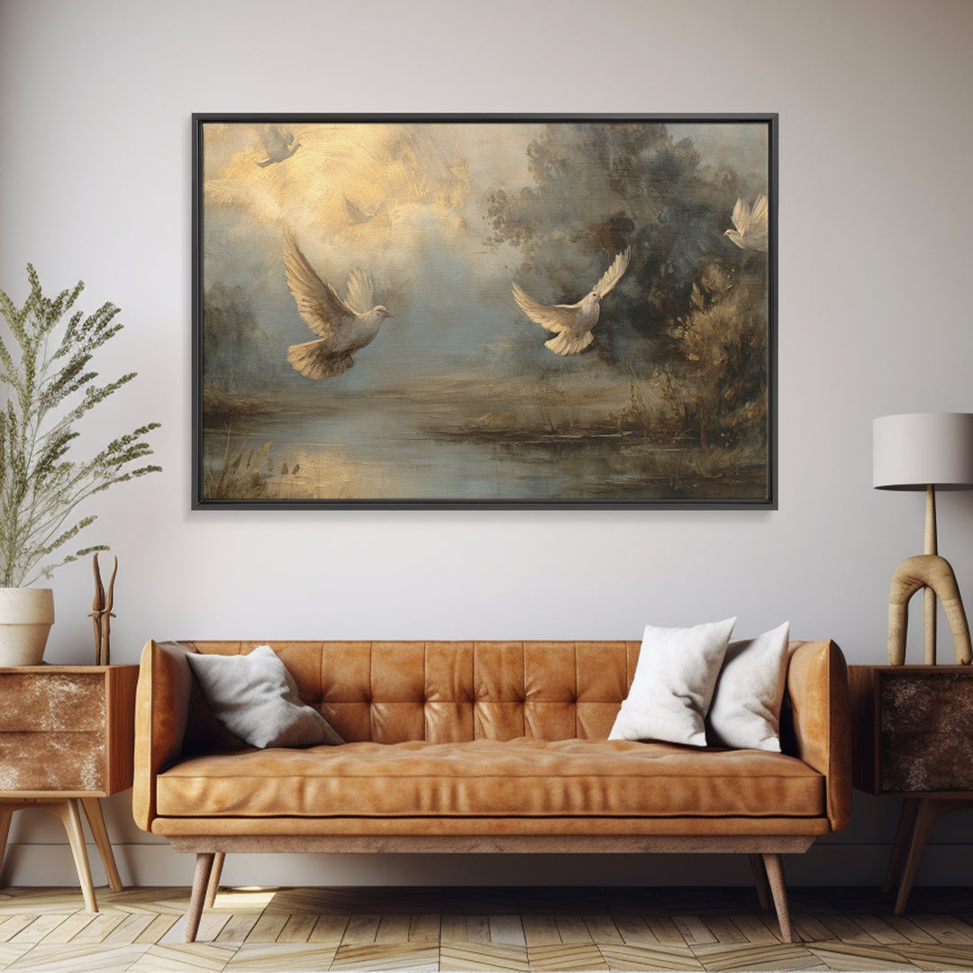 Doves Flying Through Soft Golden Light Framed Canvas Print, Wedding Art, Contemporary Art, Living Room Decor, Fine Art, Romance, WED-3x2-63