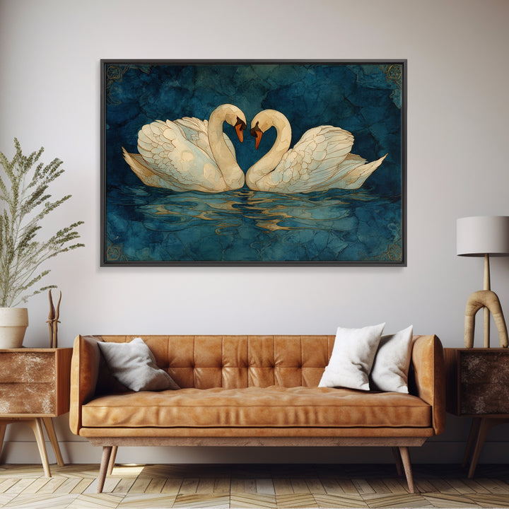 Two Swans Forming a Heart on Dark Framed Canvas Print, Wedding Art, Wedding Decoration, Living Room Decor, Fine Art, Romance, WED-3x2-78