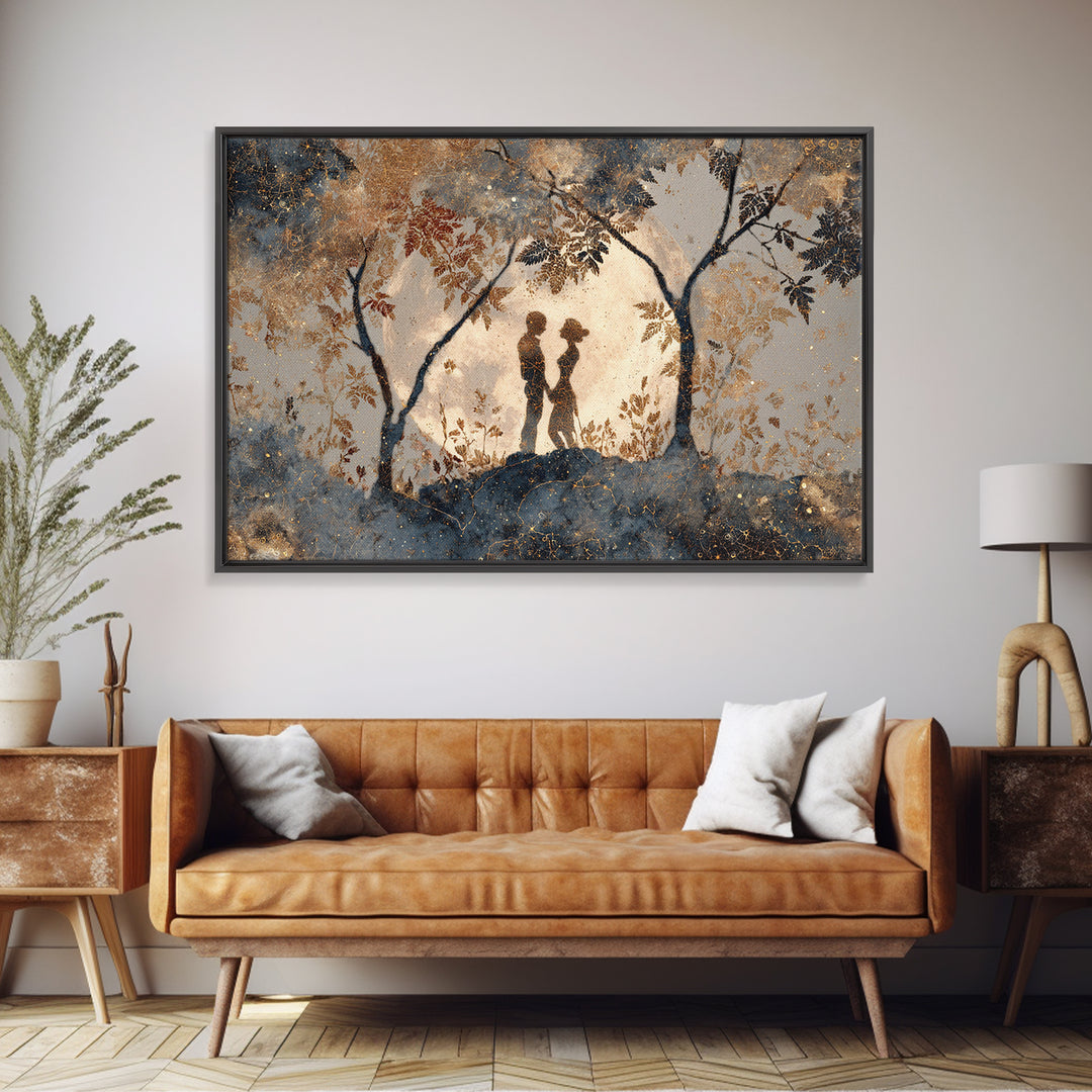 Couple Silhouette Beneath Moonlit Trees Framed Canvas Print, Wedding Art, Rustic Wedding, Living Room Decor, Fine Art, Romance, WED-3x2-81