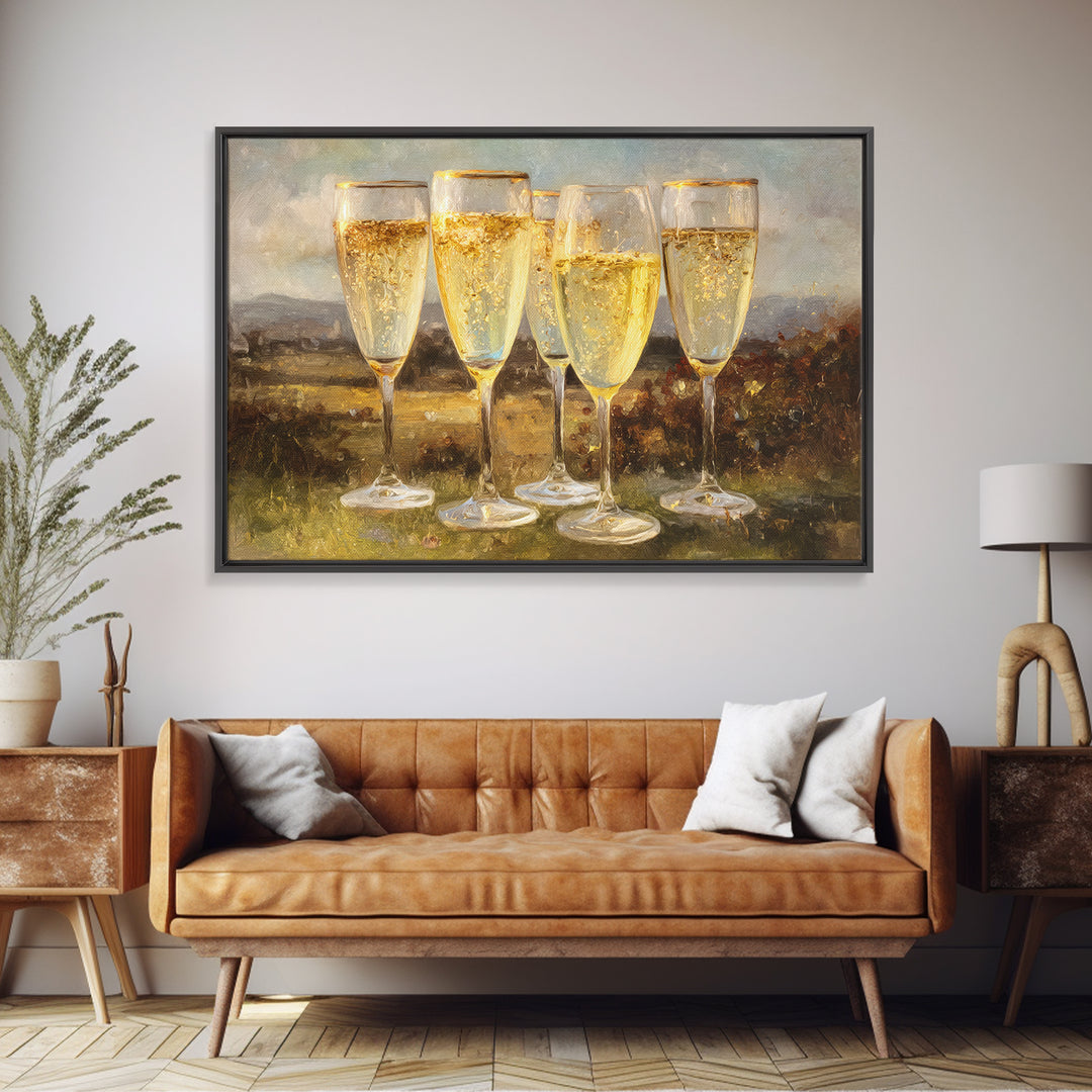 Champagne Glasses with Delicate Sparkle Framed Canvas Print, Wedding Art, Downloadable Art, Living Room Decor, Oil Painting, WED-3x2-82