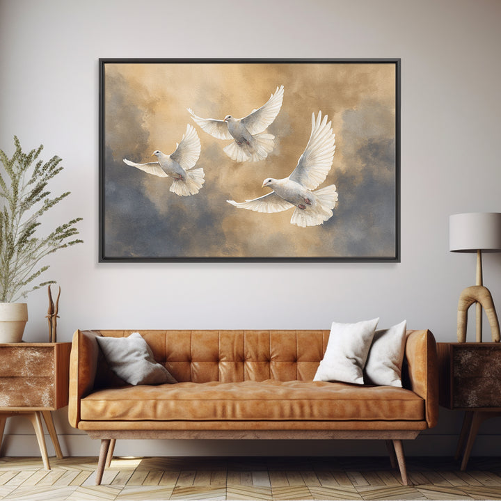 Doves Flying Through Soft Golden Light Framed Canvas Print, Wedding Art, Beach Wedding, Living Room Decor, Fine Art, Romance, WED-3x2-87