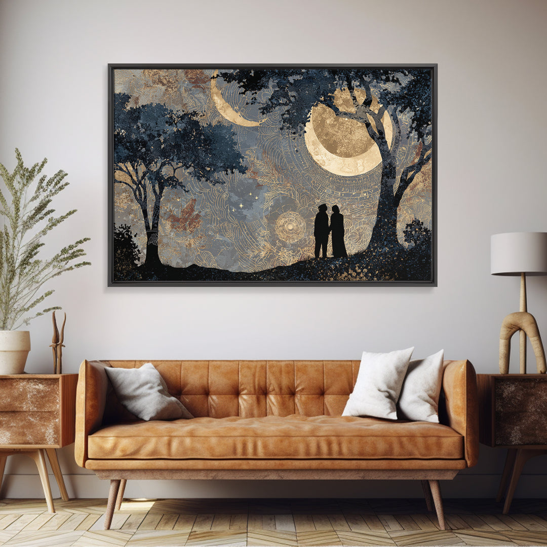 Couple Silhouette Beneath Moonlit Trees Framed Canvas Print, Wedding Art, Wedding Sign, Living Room Decor, Fine Art, Romance, WED-3x2-9