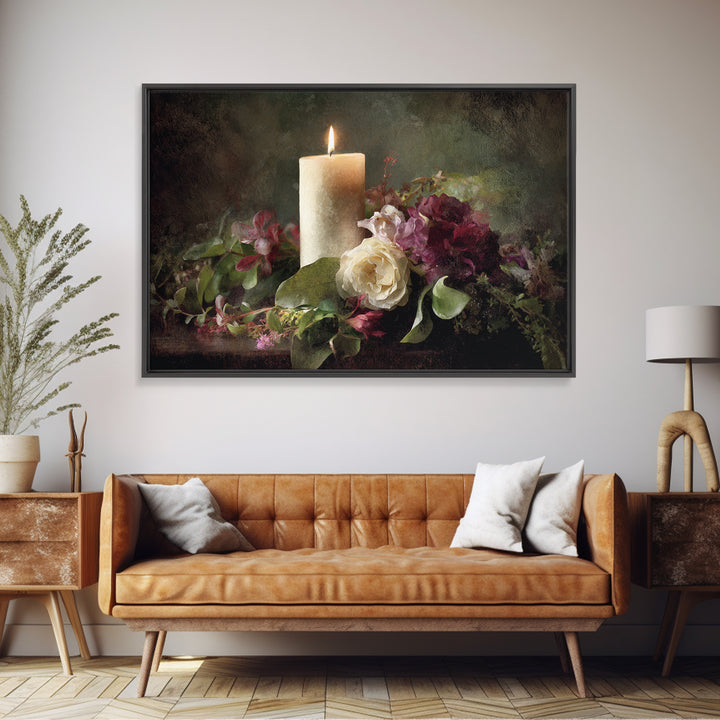 Romantic Candle and Floral Still Life Canvas Print, Wedding Art, Jewish Art, Living Room Decor, Oil Painting, Romance, WED-3x2-98