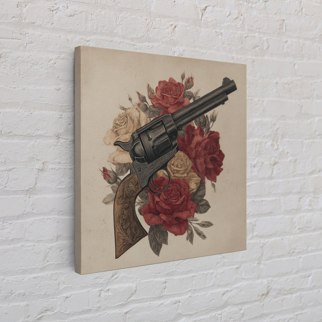 Old Revolver and Roses Canvas Print, Western Art, Landscape Painting, Southwestern Decor, Watercolor Art, Frontier, WES-1x1-19