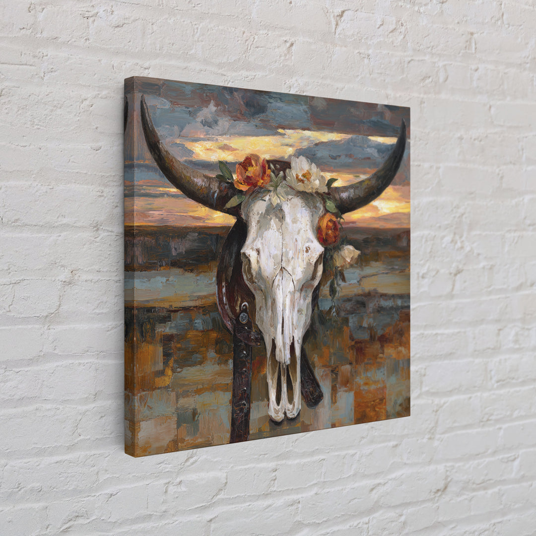 Longhorn Skull with Desert Flowers Framed Canvas Print, Western Art, Cowboy Art, Southwestern Decor, Oil Painting, Frontier, WES-1x1-27