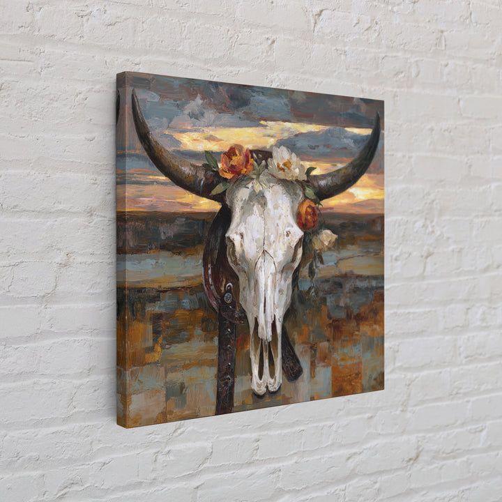 Longhorn Skull with Desert Flowers Framed Canvas Print, Western Art, Cowboy Art, Southwestern Decor, Oil Painting, Frontier, WES-1x1-27