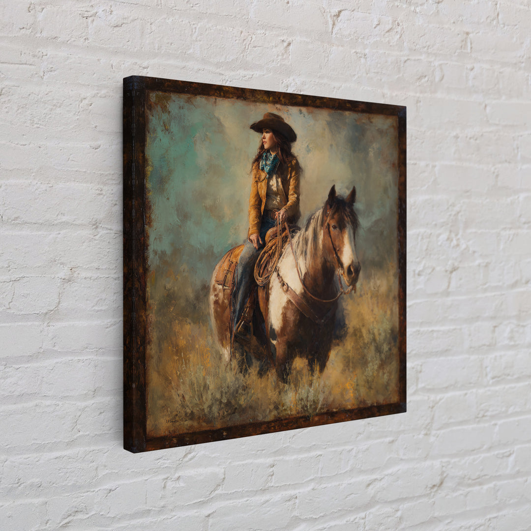 Cowgirl Portrait with Turquoise Jewelry Canvas Print, Western Art, Desert Art, Southwestern Decor, Oil Painting, Frontier, WES-1x1-30