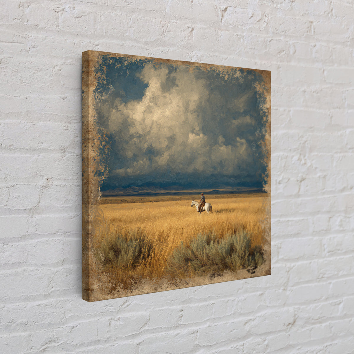 Golden Wheat Field Framed Canvas Print, Western Art, Wall Decor, Southwestern Decor, Fine Art, Frontier, Landscape Painting, WES-1x1-48