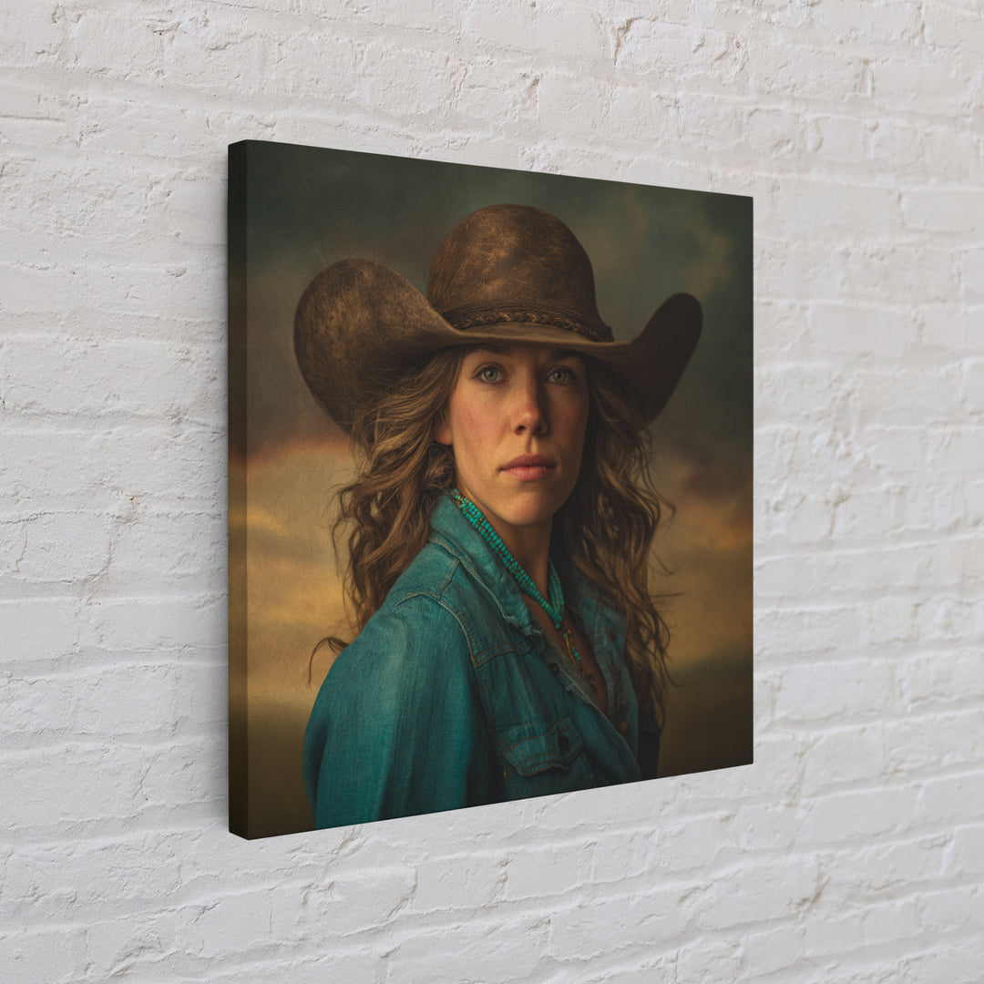 Cowgirl Portrait with Turquoise Jewelry Framed Canvas Print, Western Art, Southwestern Decor, Fine Art, Frontier, Boho Decor, WES-1x1-6