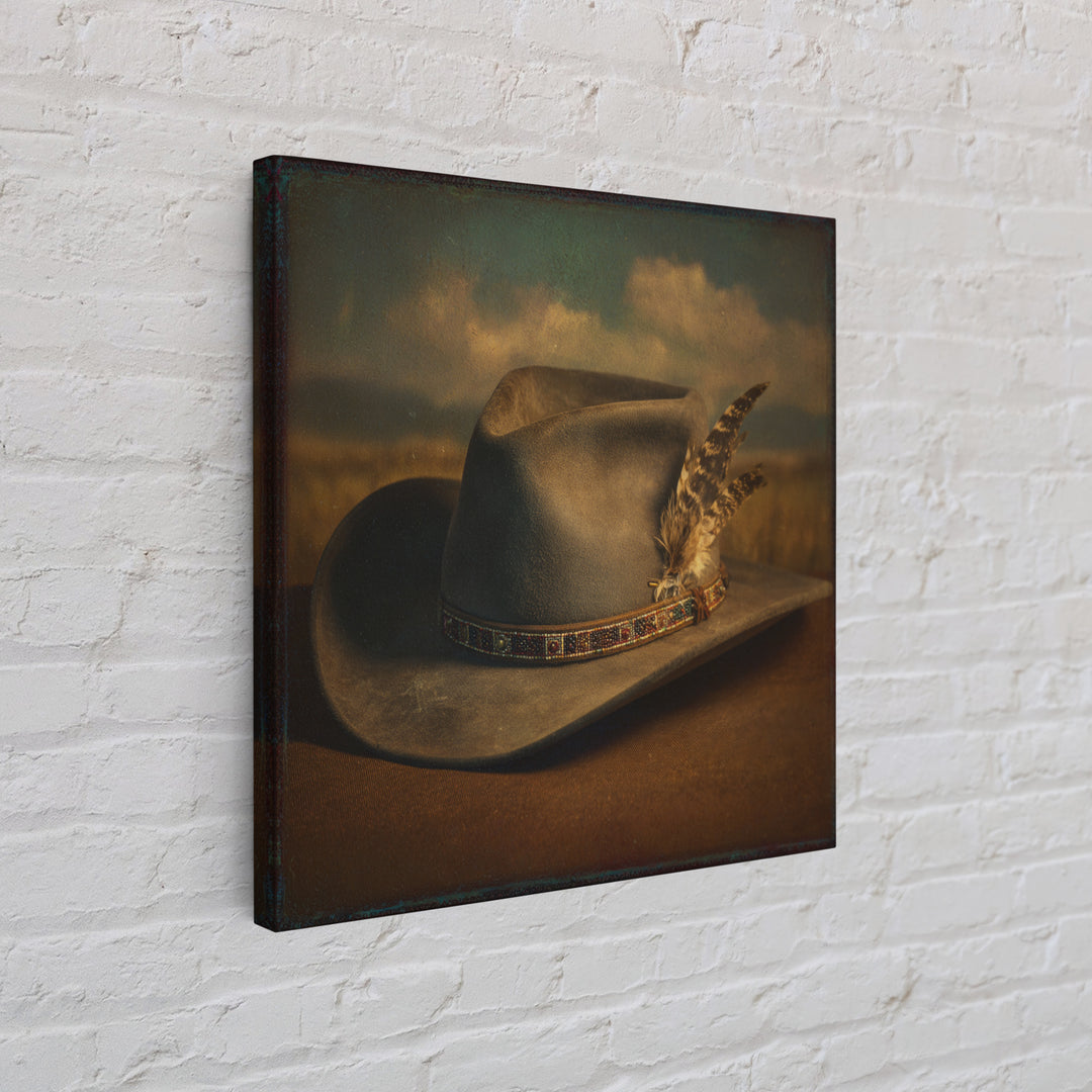 Cowboy Hat with Feathers and Beads Framed Canvas Print, Western Art, Western Print, Southwestern Decor, Fine Art, Frontier, WES-1x1-70