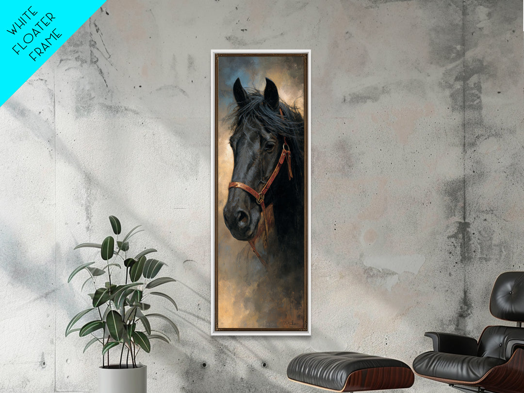 Black Horse Portrait Framed Canvas Print, Western Art, Desert Art, Southwestern Decor, Oil Painting, Frontier, Minimalist Decor, WES-1x3-54