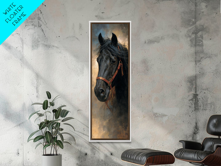 Black Horse Portrait Framed Canvas Print, Western Art, Desert Art, Southwestern Decor, Oil Painting, Frontier, Minimalist Decor, WES-1x3-54