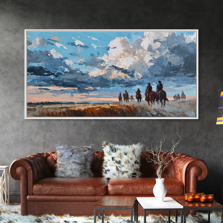Cowboy Campfire under Starry Sky Framed Canvas Print, Western Art, Contemporary Art, Southwestern Decor, Fine Art, Frontier, WES-2x1-10