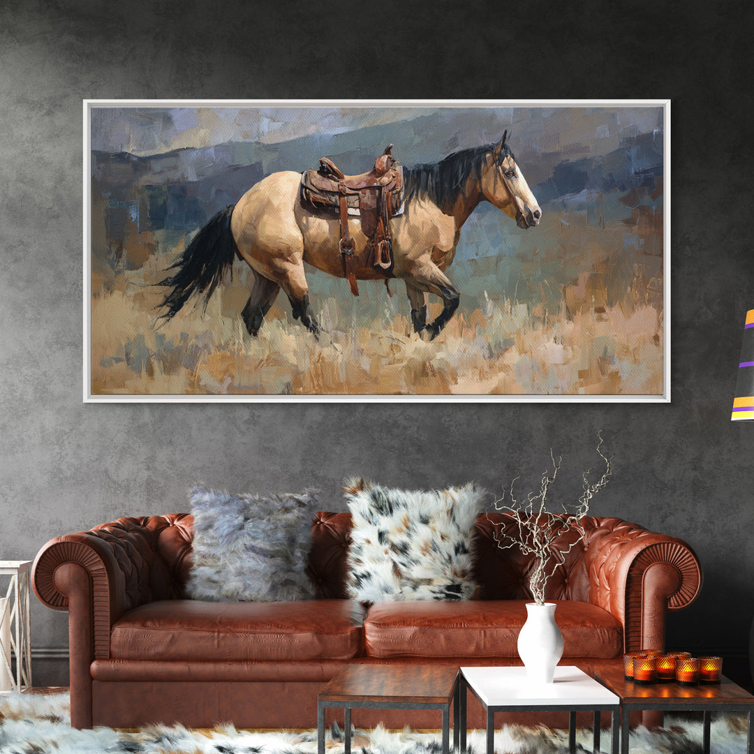Buckskin Horse in Golden Prairie Light Framed Canvas Print, Western Art, Boho Decor, Southwestern Decor, Oil Painting, Frontier, WES-2x1-27