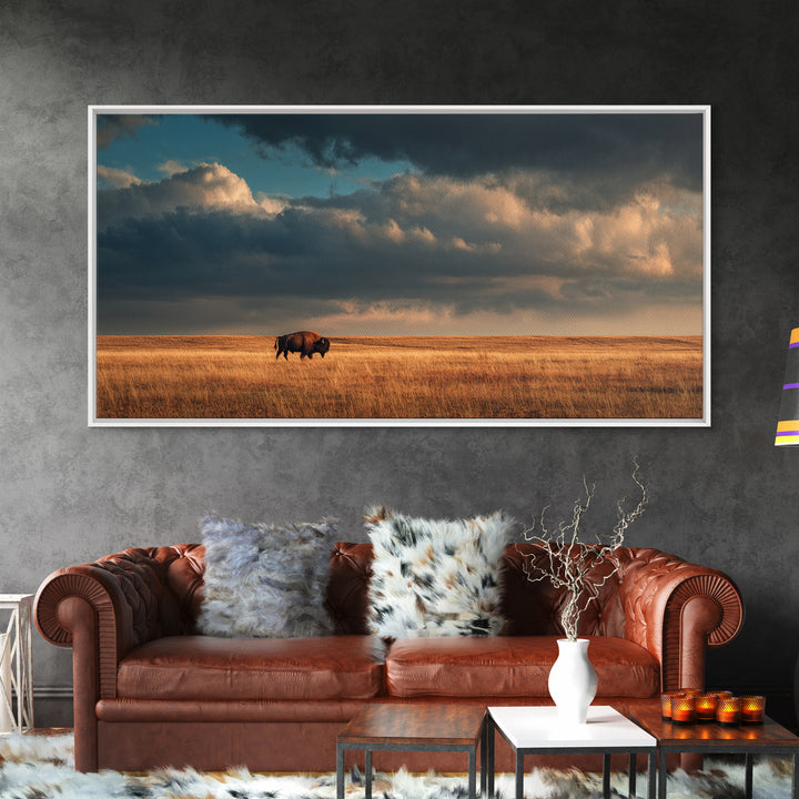 Buffalo Silhouette Beneath Enormous Sky Framed Canvas Print, Western Art, Contemporary Art, Southwestern Decor, Frontier, WES-2x1-28