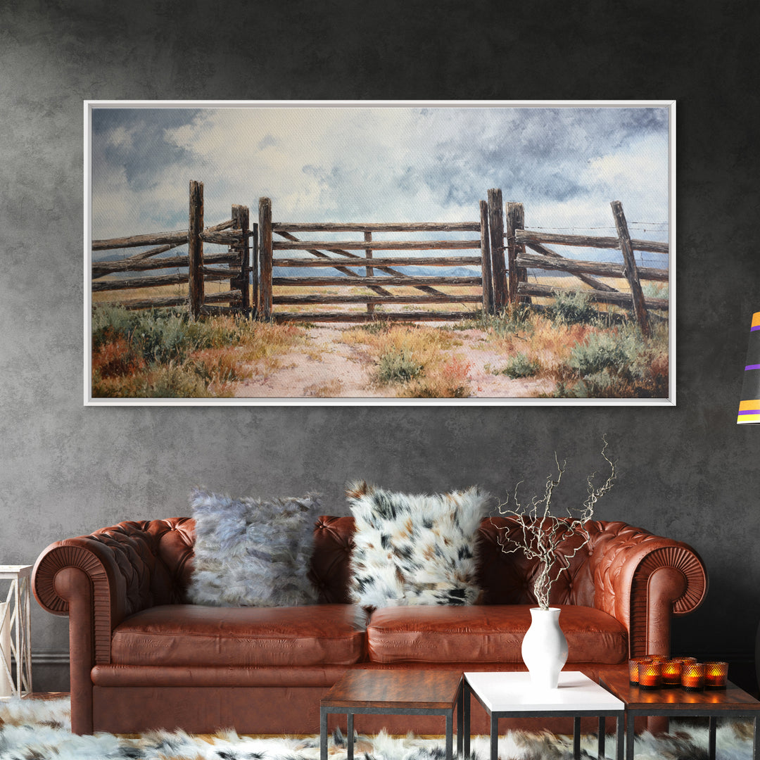 Sun Bleached Ranch Gate Framed Canvas Print, Western Art, Wall Art, Southwestern Decor, Watercolor Art, Frontier, WES-2x1-35