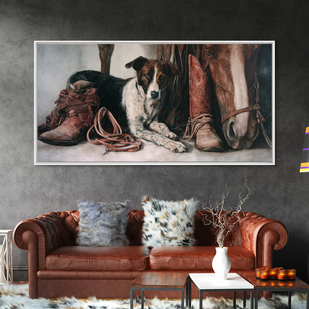 Ranch Dog Beside Worn Boots Canvas Print, Western Art, Printable Wall Art, Southwestern Decor, Frontier, Downloadable Art, WES-2x1-41