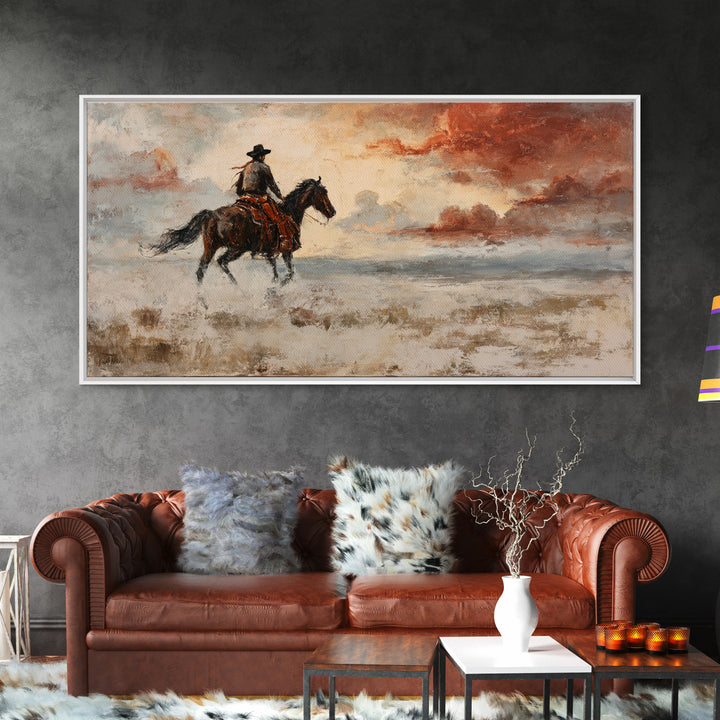 Cowboy Riding Across Dusty Sunset Plains Framed Canvas Print, Western Art, Western Decor, Southwestern Decor, Frontier, WES-2x1-45