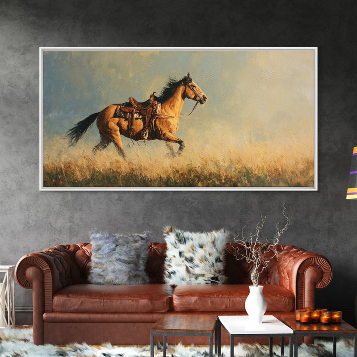 Buckskin Horse in Golden Prairie Light Framed Canvas Print, Western Art, Room Decor, Southwestern Decor, Fine Art, Frontier, WES-2x1-75