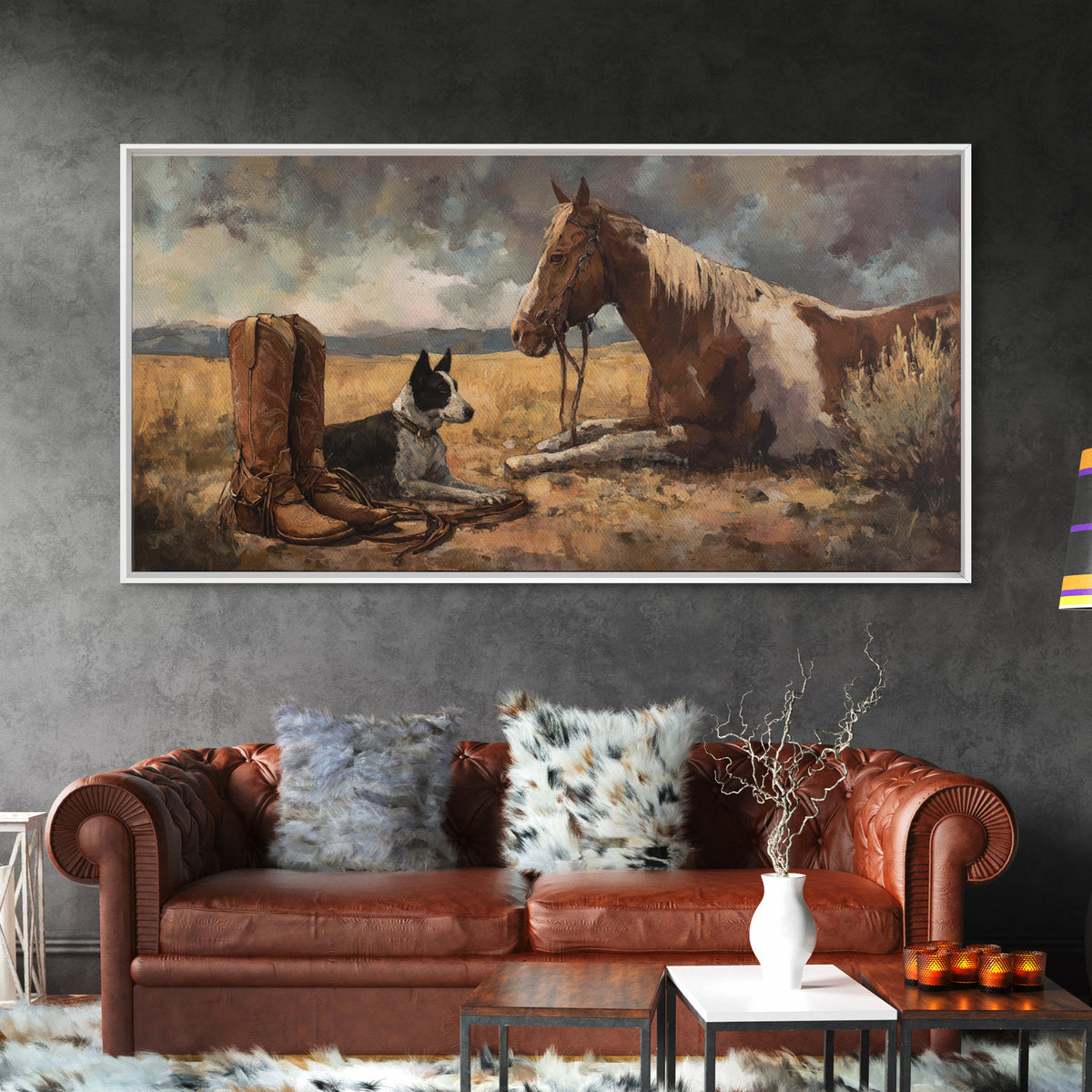 Ranch Dog Beside Worn Boots Canvas Print, Western Art, Cowboy Art, Southwestern Decor, Fine Art, Frontier, Rustic Wall Art, WES-2x1-89
