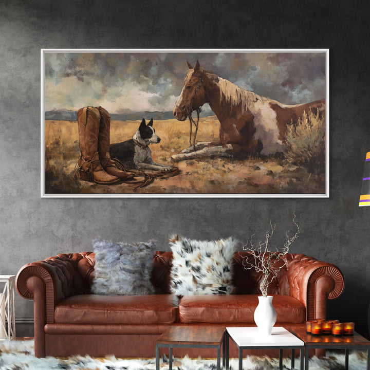 Ranch Dog Beside Worn Boots Canvas Print, Western Art, Cowboy Art, Southwestern Decor, Fine Art, Frontier, Rustic Wall Art, WES-2x1-89