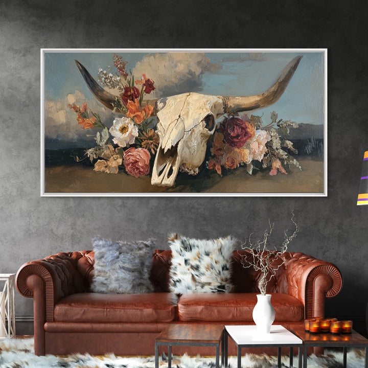 Longhorn Skull with Desert Flowers Framed Canvas Print, Western Art, Neutral Decor, Southwestern Decor, Oil Painting, Frontier, WES-2x1-95