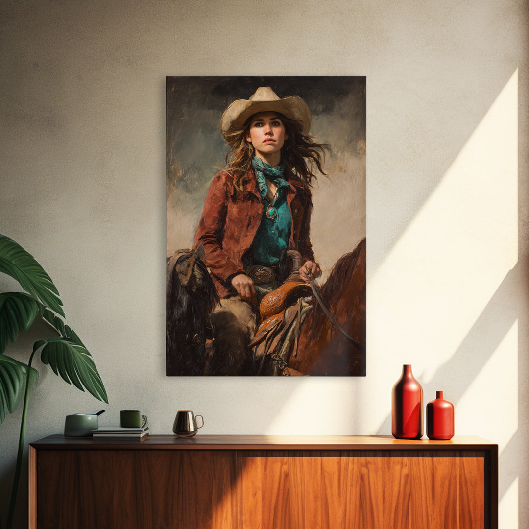 Cowgirl Portrait with Turquoise Jewelry Canvas Print, Western Art, Wall Art, Southwestern Decor, Oil Painting, Frontier, WES-2x3-14