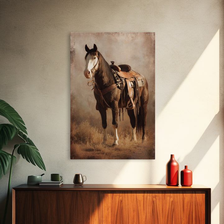 Western Saddle and Rope on Weathered Wood Framed Canvas Print, Western Art, Southwestern Decor, Watercolor Art, Frontier, WES-2x3-18