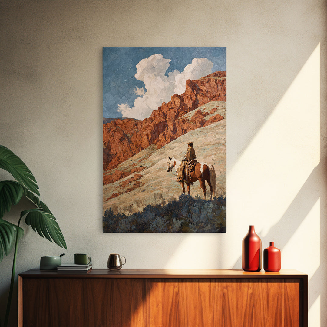 Eagle Flying Above Mountain Ridge Framed Canvas Print, Western Art, Oil Painting, Southwestern Decor, Fine Art, Frontier, WES-2x3-21