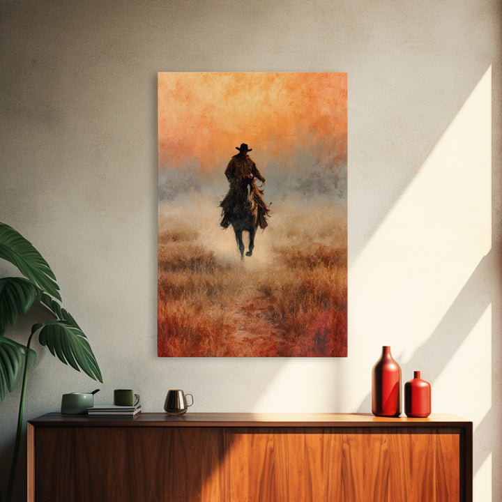 Cowboy Riding Across Dusty Sunset Plains Canvas Print, Western Art, Landscape Painting, Southwestern Decor, Frontier, WES-2x3-33