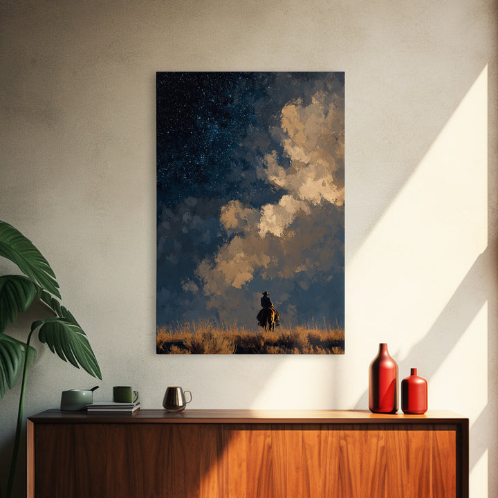 Cowboy Campfire under Starry Sky Framed Canvas Print, Western Art, Art, Southwestern Decor, Frontier, Western Wall Art, WES-2x3-46