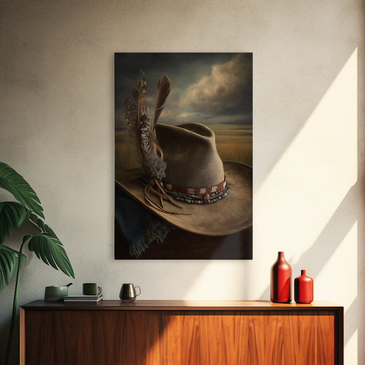 Cowboy Hat with Feathers and Beads Canvas Print, Western Art, Painting, Southwestern Decor, Fine Art, Frontier, Trendy Wall Art, WES-2x3-54