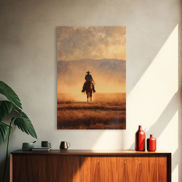 Cowboy Riding Across Dusty Sunset Plains Canvas Print, Western Art, Native American Art, Southwestern Decor, Oil Painting, WES-2x3-57
