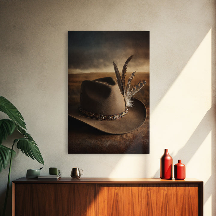 Cowboy Hat with Feathers and Beads Framed Canvas Print, Western Art, Minimalist Decor, Southwestern Decor, Fine Art, Frontier, WES-2x3-6