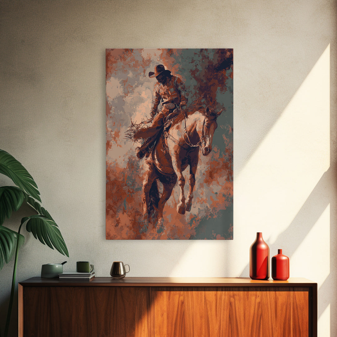 Rodeo Rider Mid Motion Canvas Print, Western Art, Cowboy Art, Southwestern Decor, Fine Art, Frontier, Rustic Wall Art, WES-2x3-65